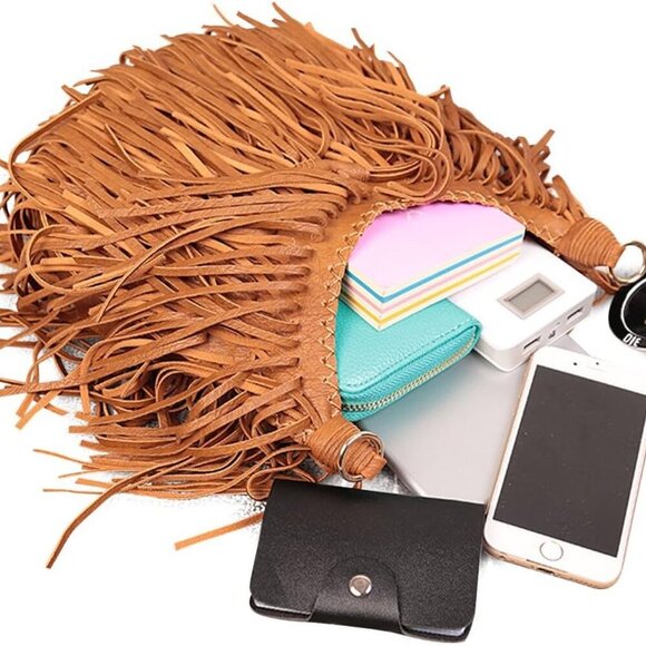 Women's Fringed Faux Suede Leather Cross Body Bag Chain Shoulder Bag Tassel Hand - Picture 5 of 6